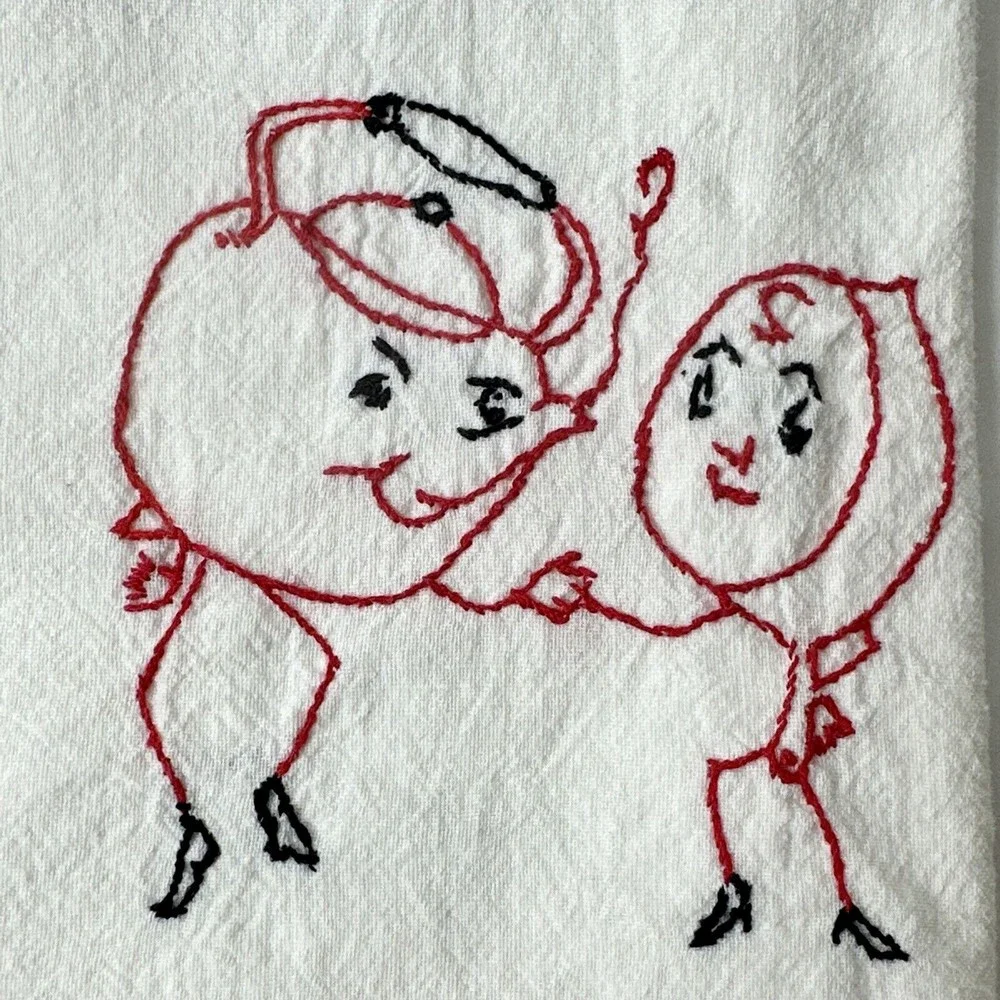 1950’s tea towl embroidered w/tea‎ kettle and tea cup dancing Kitchen Towel